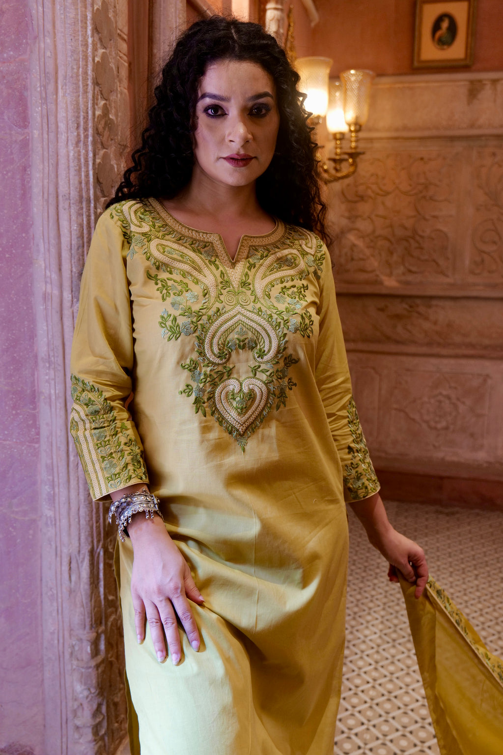 Olive Green Cotton Cambric Embroidered Kurta Dupatta Set – 3 piece