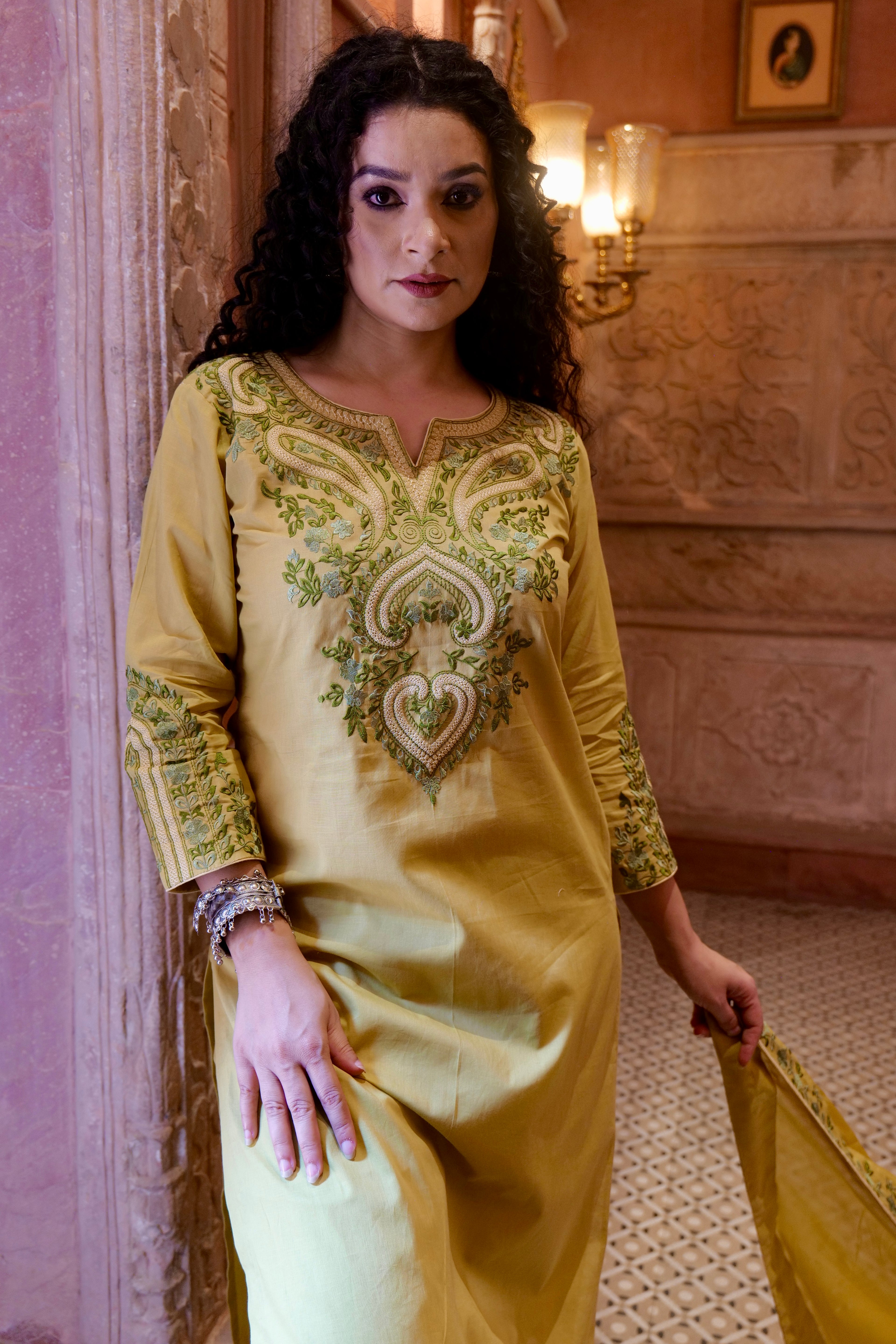 Olive Green Cotton Cambric Embroidered Kurta Dupatta Set – 3 piece