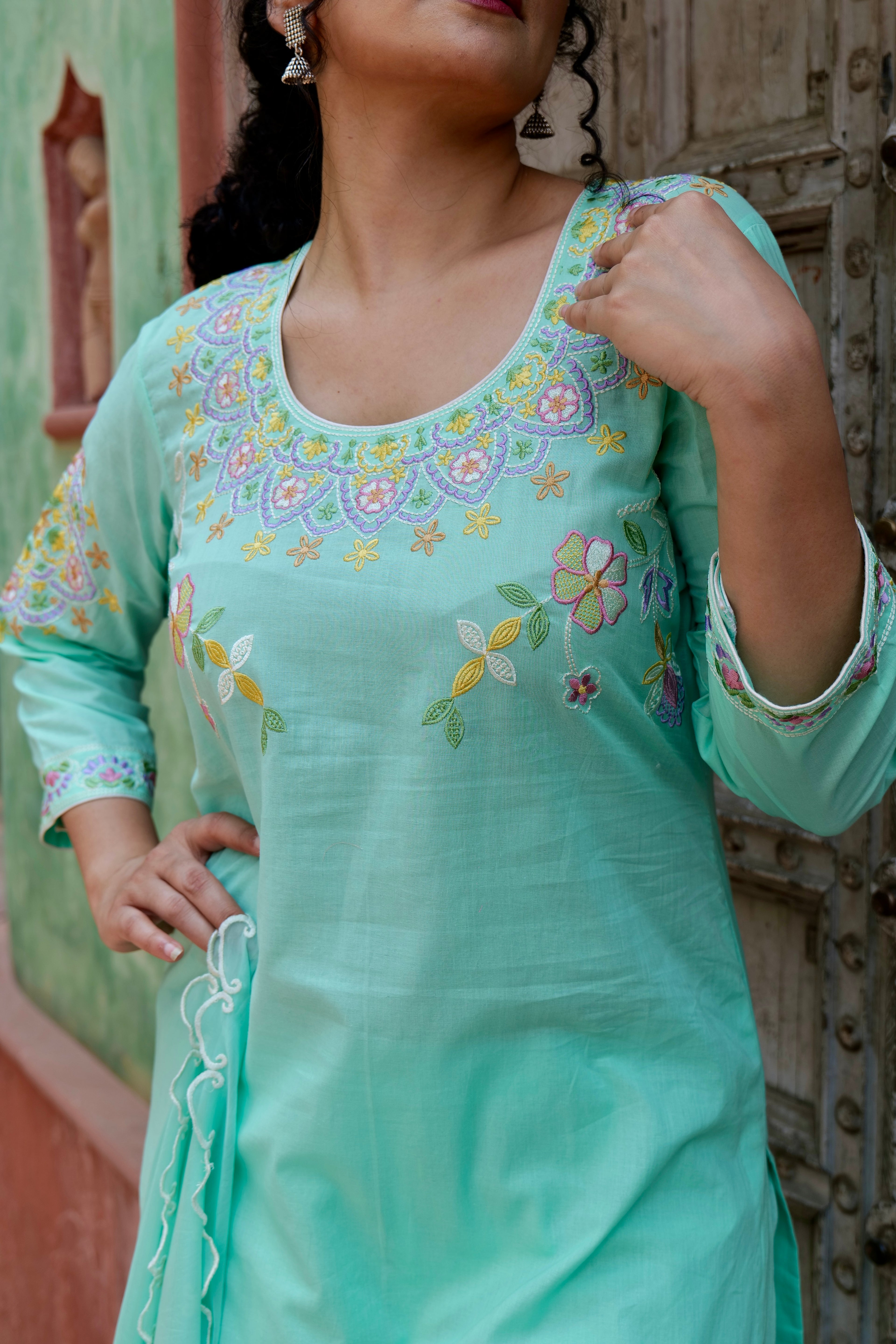 Light Teal Blue Cotton Cambric Embroidered Kurta Dupatta Set – 3 piece