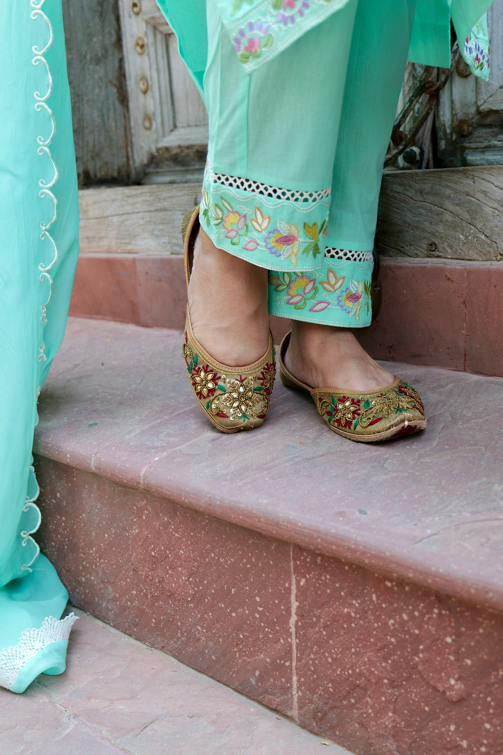 Light Teal Blue Cotton Cambric Embroidered Kurta Dupatta Set – 3 piece