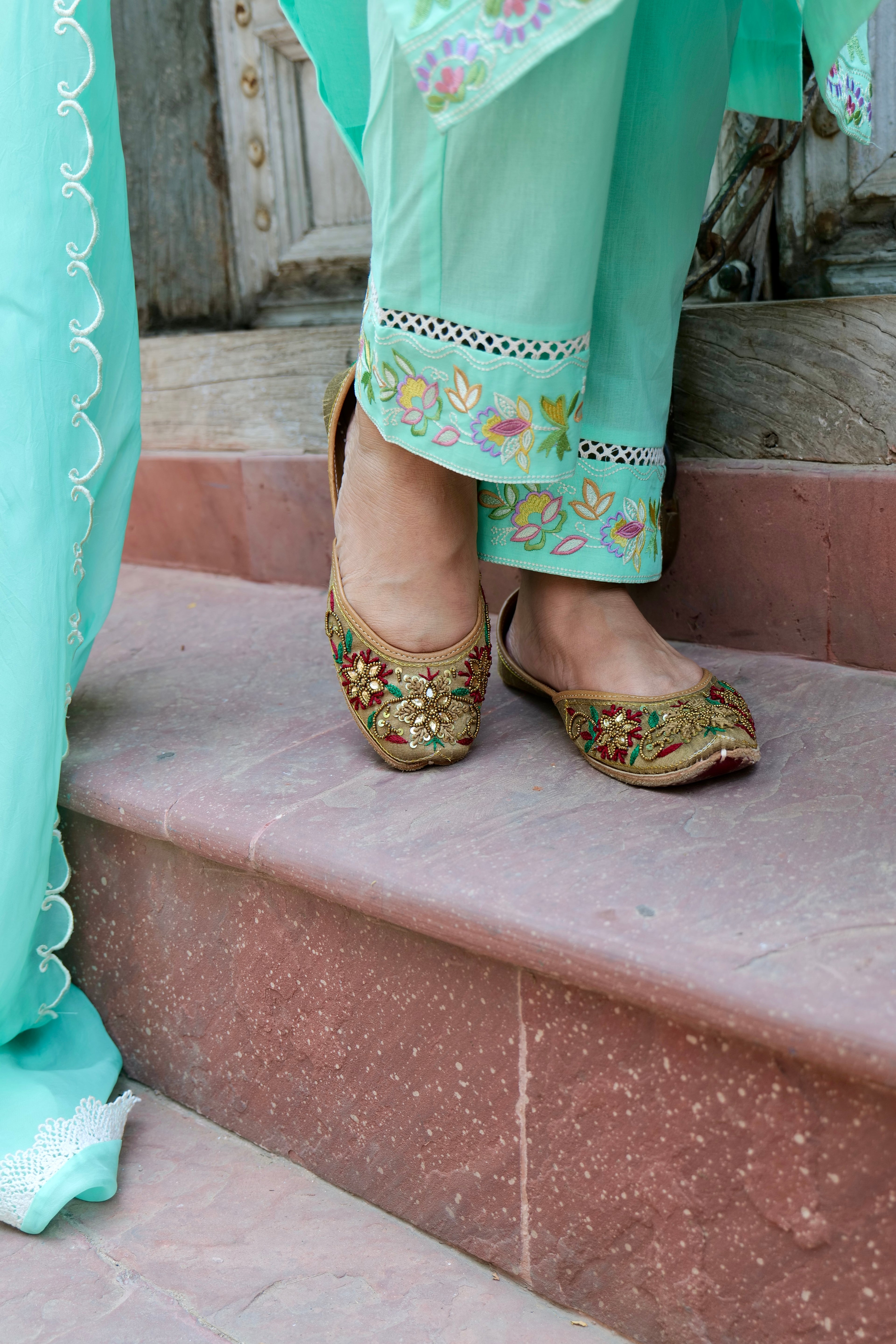 Light Teal Blue Cotton Cambric Embroidered Kurta Dupatta Set – 3 piece