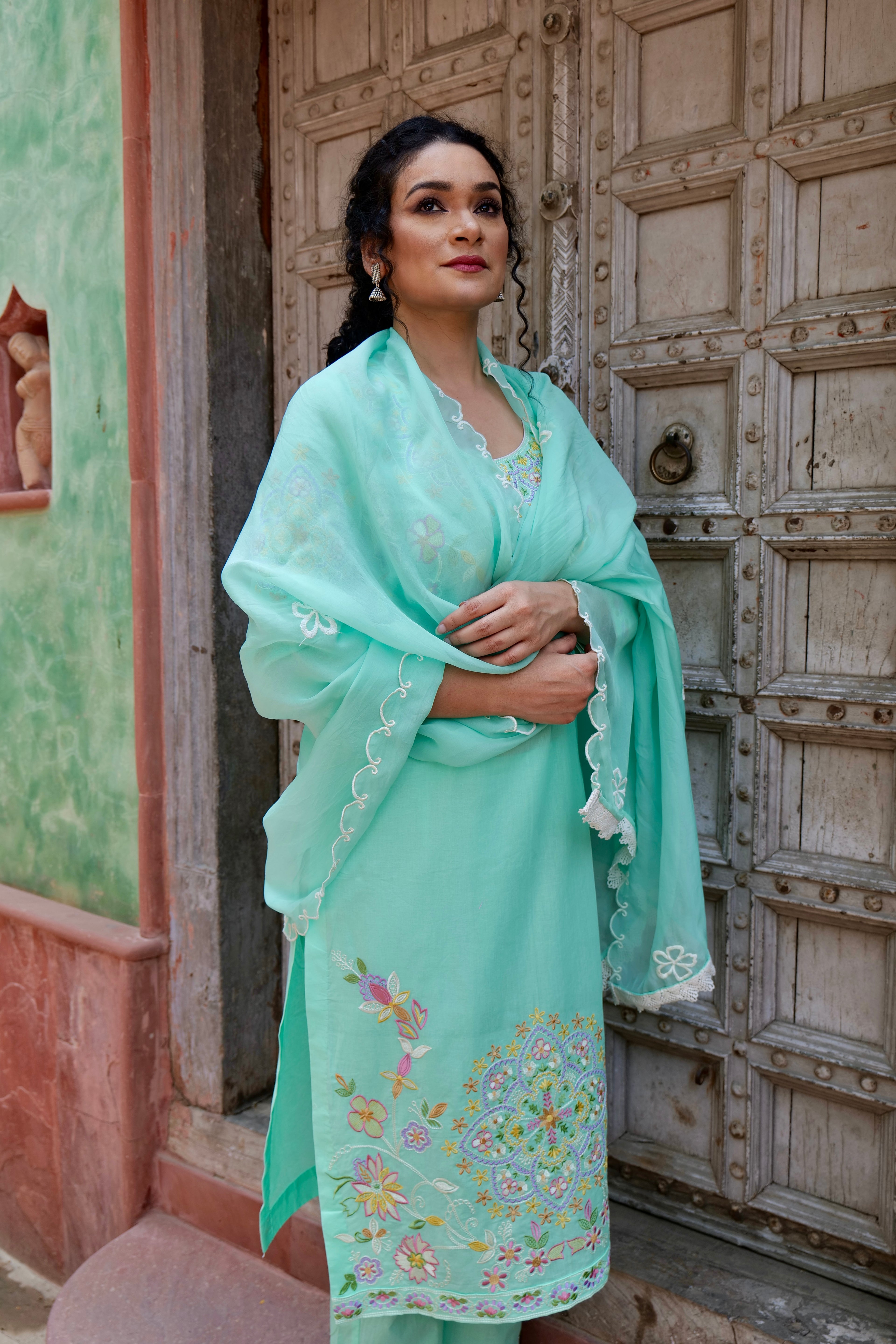 Light Teal Blue Cotton Cambric Embroidered Kurta Dupatta Set – 3 piece