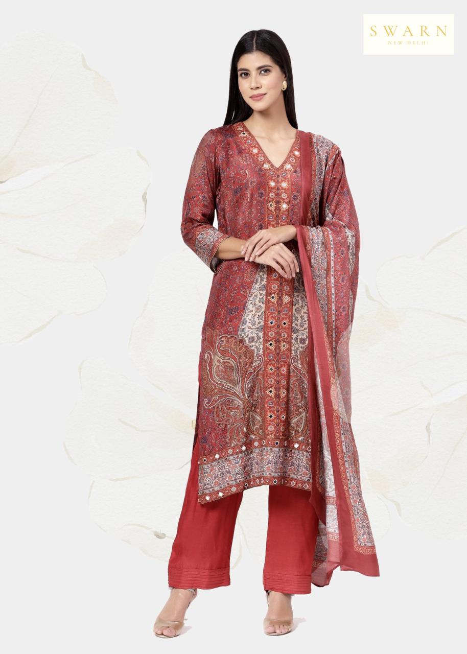 Cotton Muslin Hand Embroidered Kurta Dupatta Set with Muslin Dupatta – 3 piece