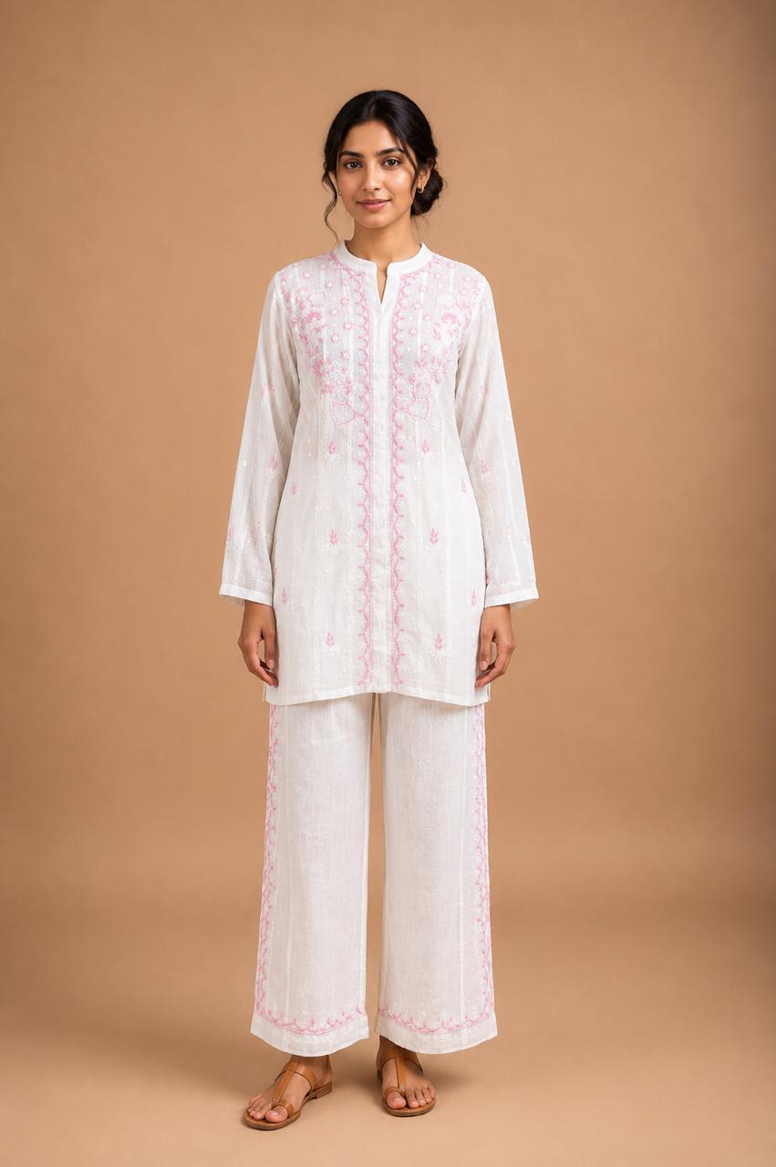 White Co-ord Set with Pink Chikankari Embroidery | Semi-Stitched 2-Piece Set