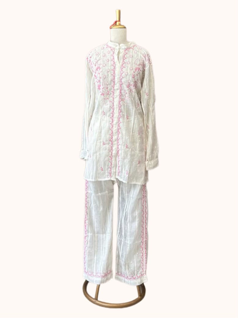 White Co-ord Set with Pink Chikankari Embroidery | Semi-Stitched 2-Piece Set