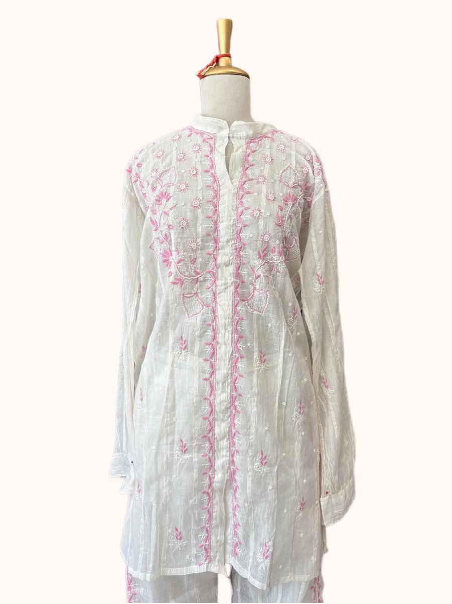 White Co-ord Set with Pink Chikankari Embroidery | Semi-Stitched 2-Piece Set
