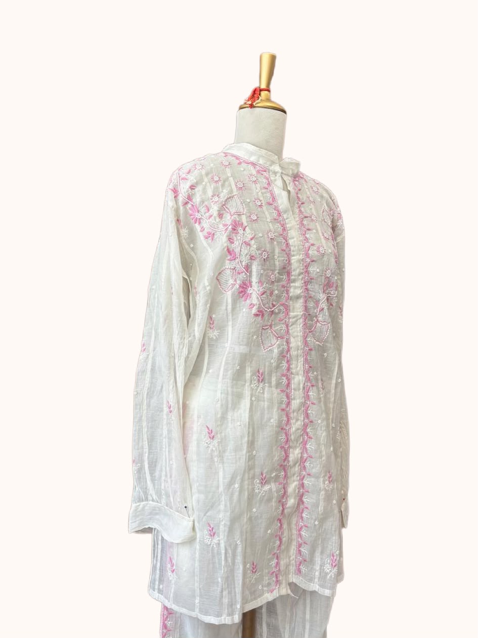 White Co-ord Set with Pink Chikankari Embroidery | Semi-Stitched 2-Piece Set