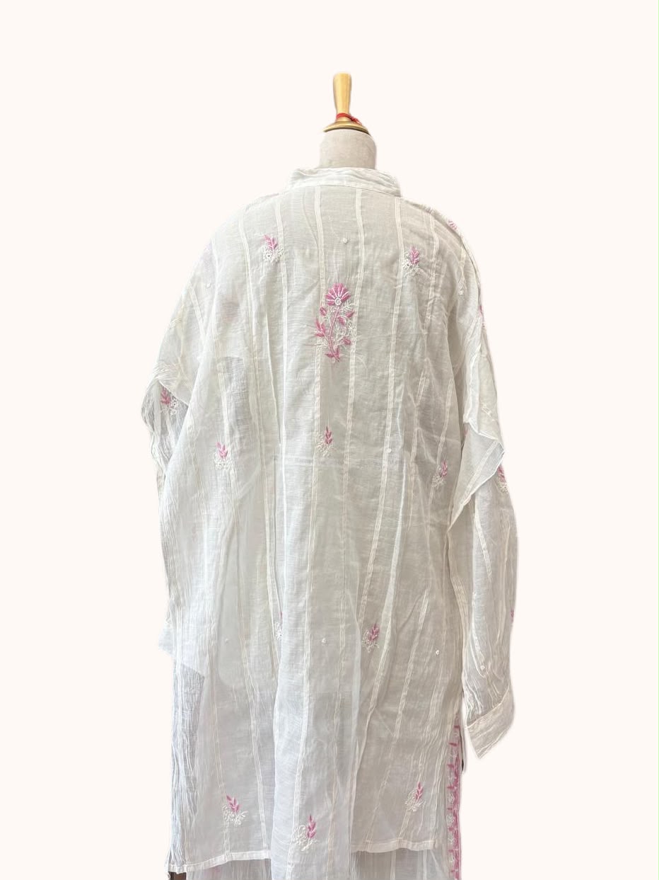 White Co-ord Set with Pink Chikankari Embroidery | Semi-Stitched 2-Piece Set
