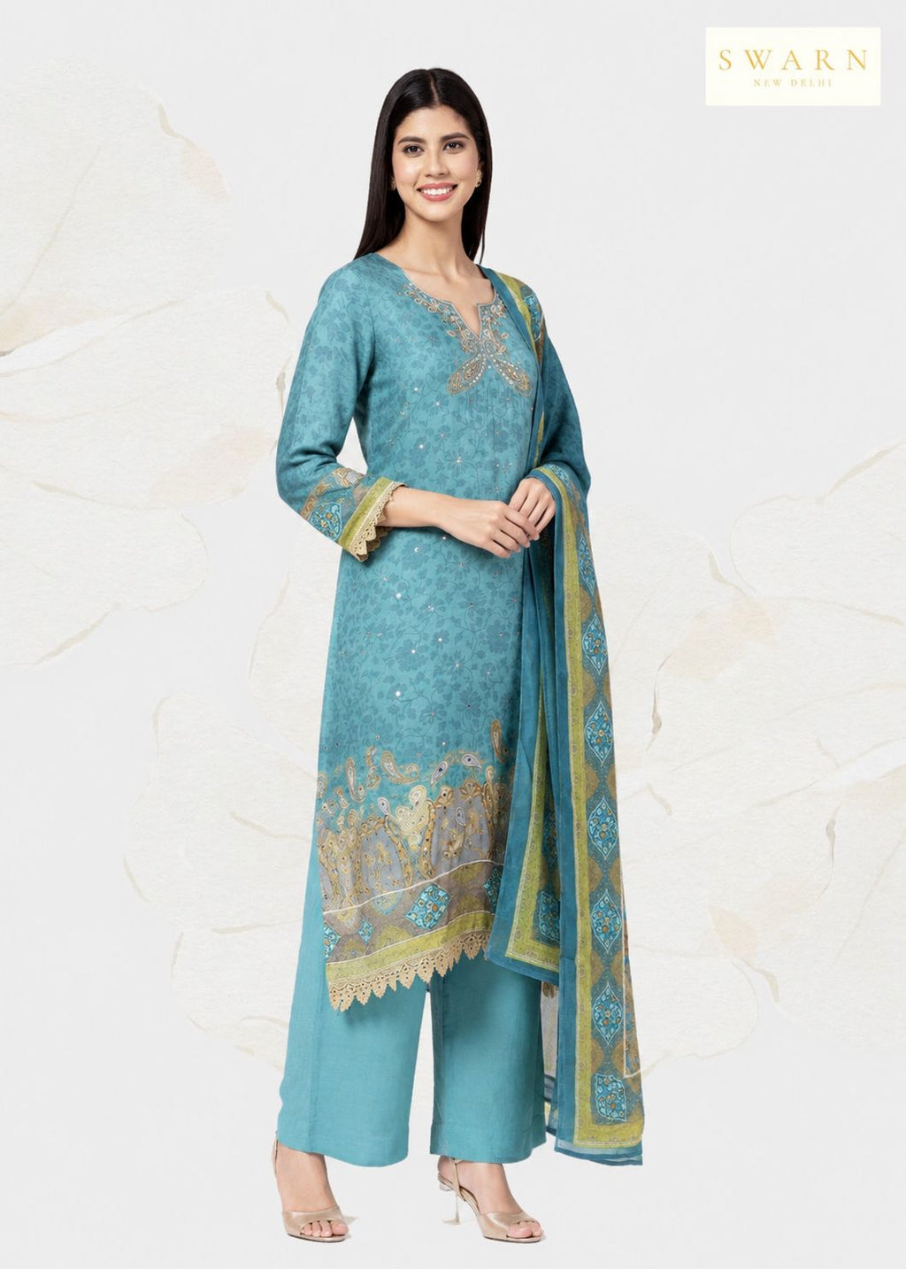 Teal Blue Digital Printed Unstitched Suit Set in Muslin with Hand Embroidery Highlights