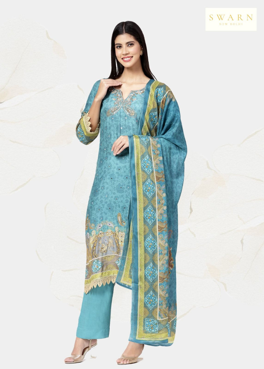 Teal Blue Digital Printed Unstitched Suit Set in Muslin with Hand Embroidery Highlights
