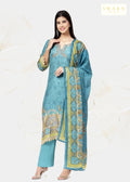 Teal Blue Digital Printed Unstitched Suit Set in Muslin with Hand Embroidery Highlights