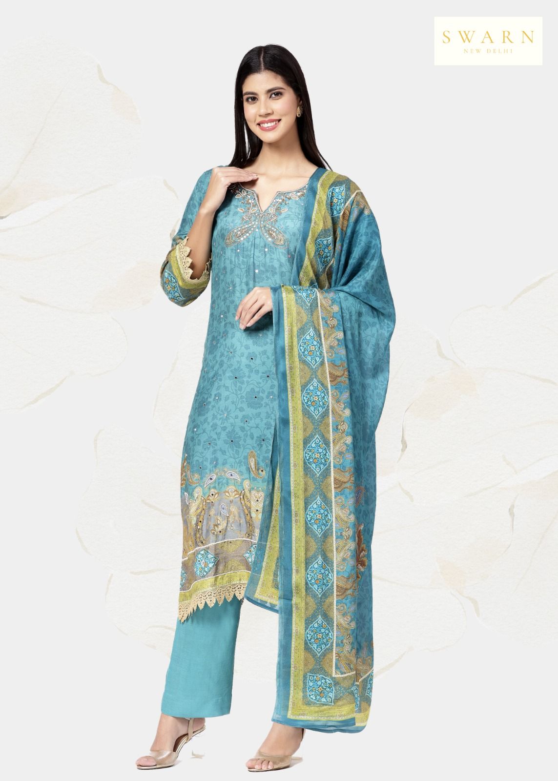 Teal Blue Digital Printed Unstitched Suit Set in Muslin with Hand Embroidery Highlights