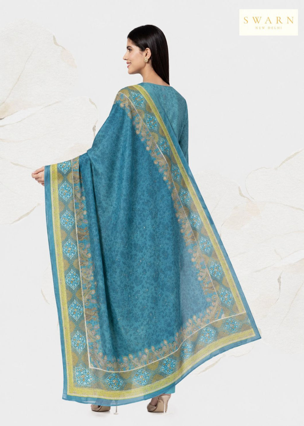Teal Blue Digital Printed Unstitched Suit Set in Muslin with Hand Embroidery Highlights