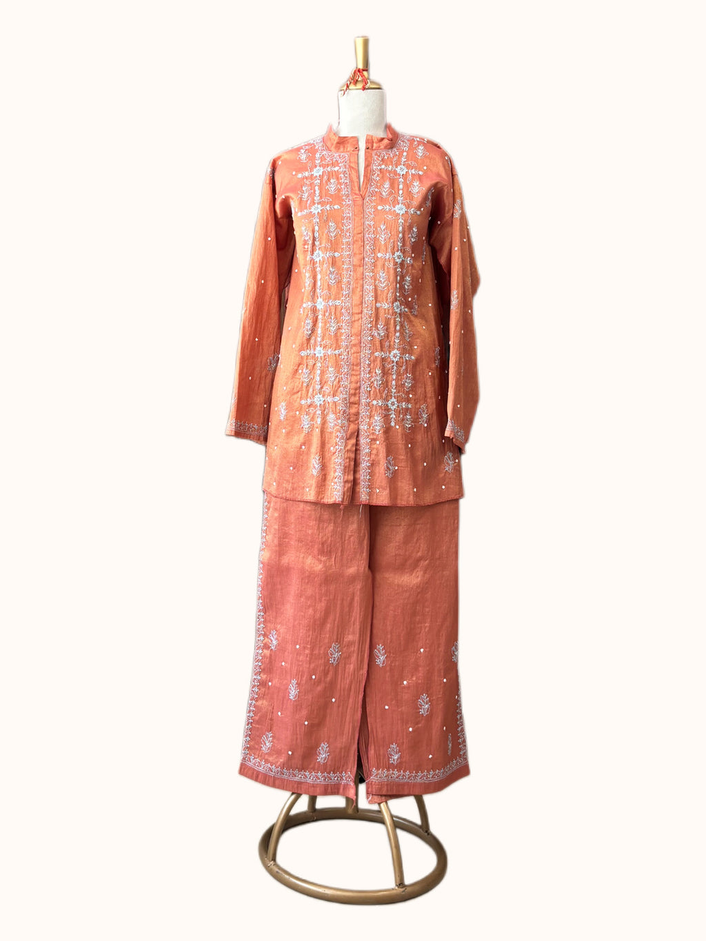 Rust Tissue Mul Chanderi Chikankari Co-ord Set | Semi-Stitched 2-Piece Set