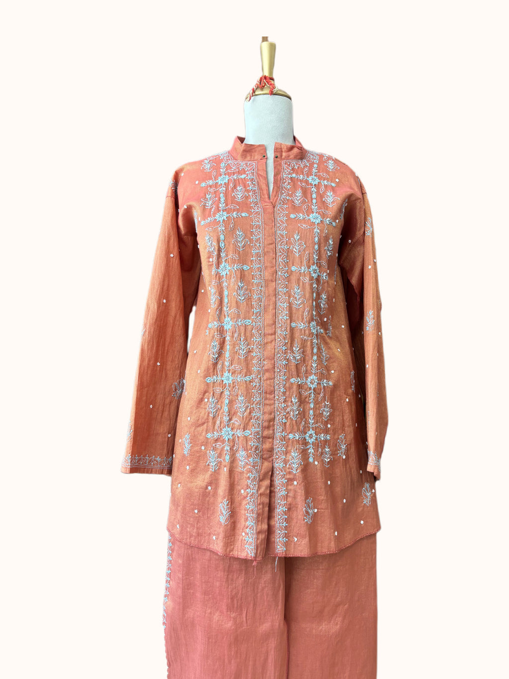 Rust Tissue Mul Chanderi Chikankari Co-ord Set | Semi-Stitched 2-Piece Set