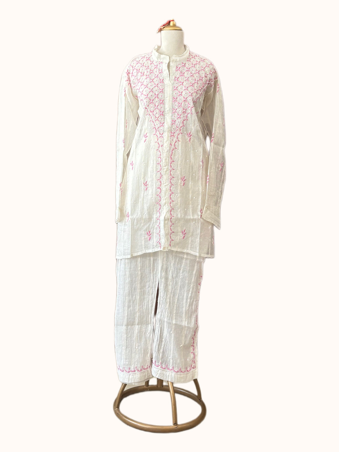 White Mul Chanderi Chikankari Co-ord Set with Pink Embroidery | Semi-Stitched 2-Piece Set