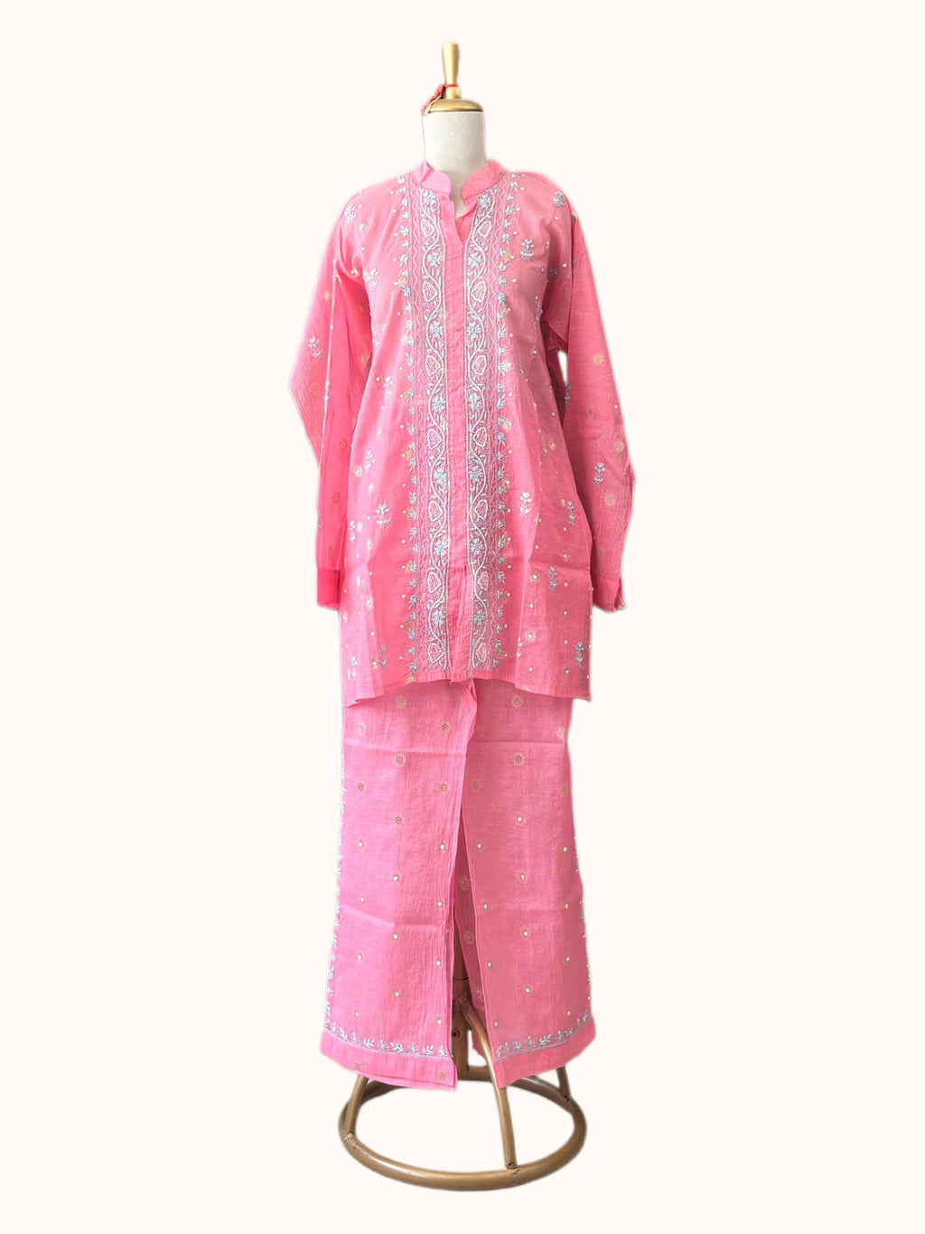 Pink Weave Booti Co-ord Set with Blue Embroidery | Semi-Stitched 2-Piece Set