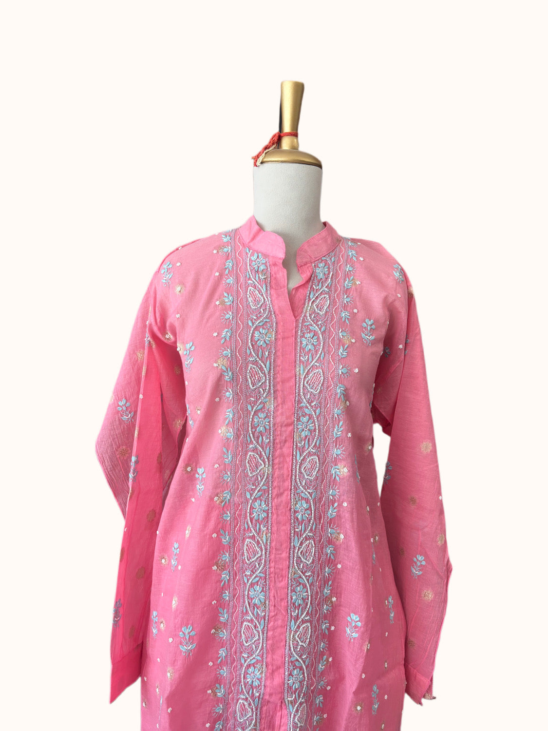 Pink Weave Booti Co-ord Set with Blue Embroidery | Semi-Stitched 2-Piece Set
