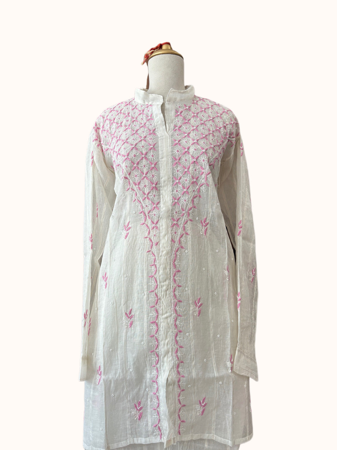 White Mul Chanderi Chikankari Co-ord Set with Pink Embroidery | Semi-Stitched 2-Piece Set