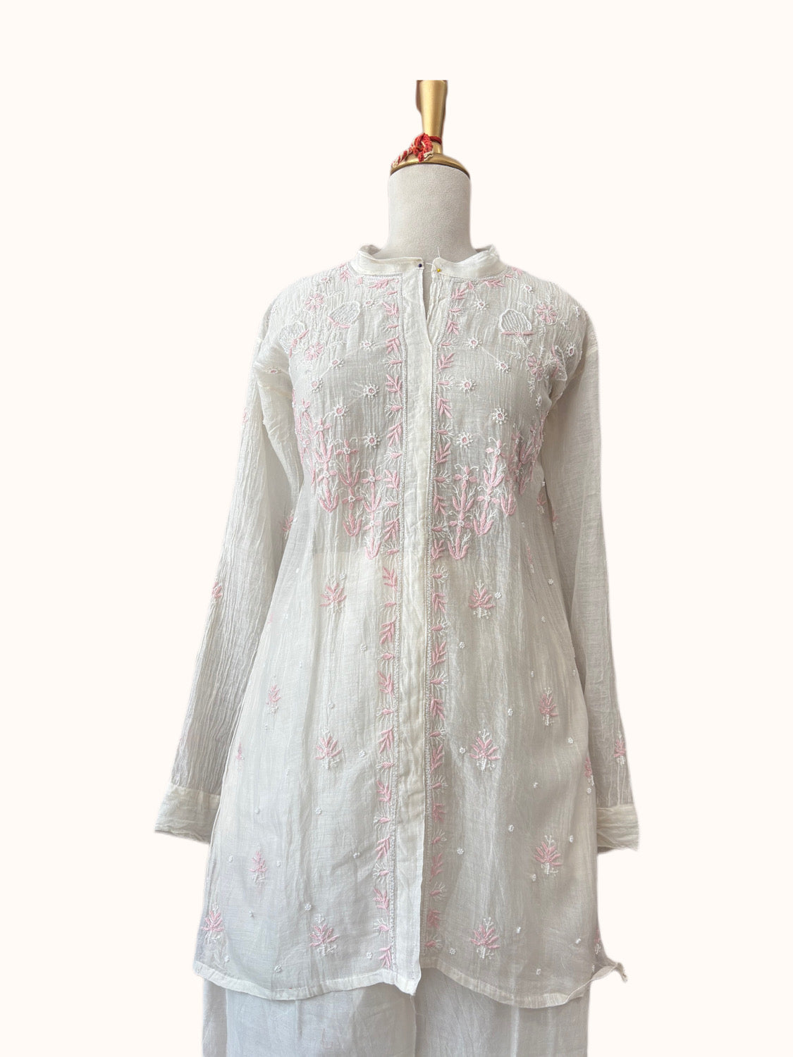 White & Light Pink Mul Chanderi Chikankari Co-ord Set | Semi-Stitched 2-Piece Set