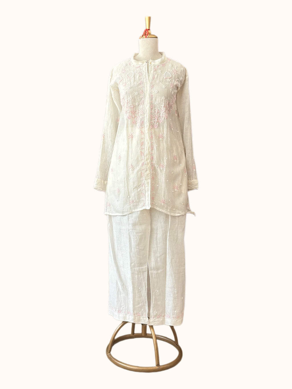 White & Light Pink Mul Chanderi Chikankari Co-ord Set | Semi-Stitched 2-Piece Set