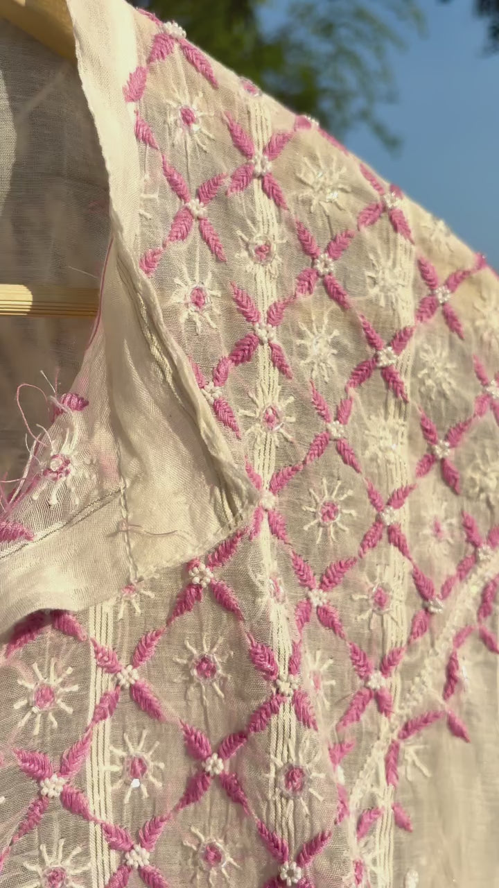 White Mul Chanderi Chikankari Co-ord Set with Pink Embroidery | Semi-Stitched 2-Piece Set