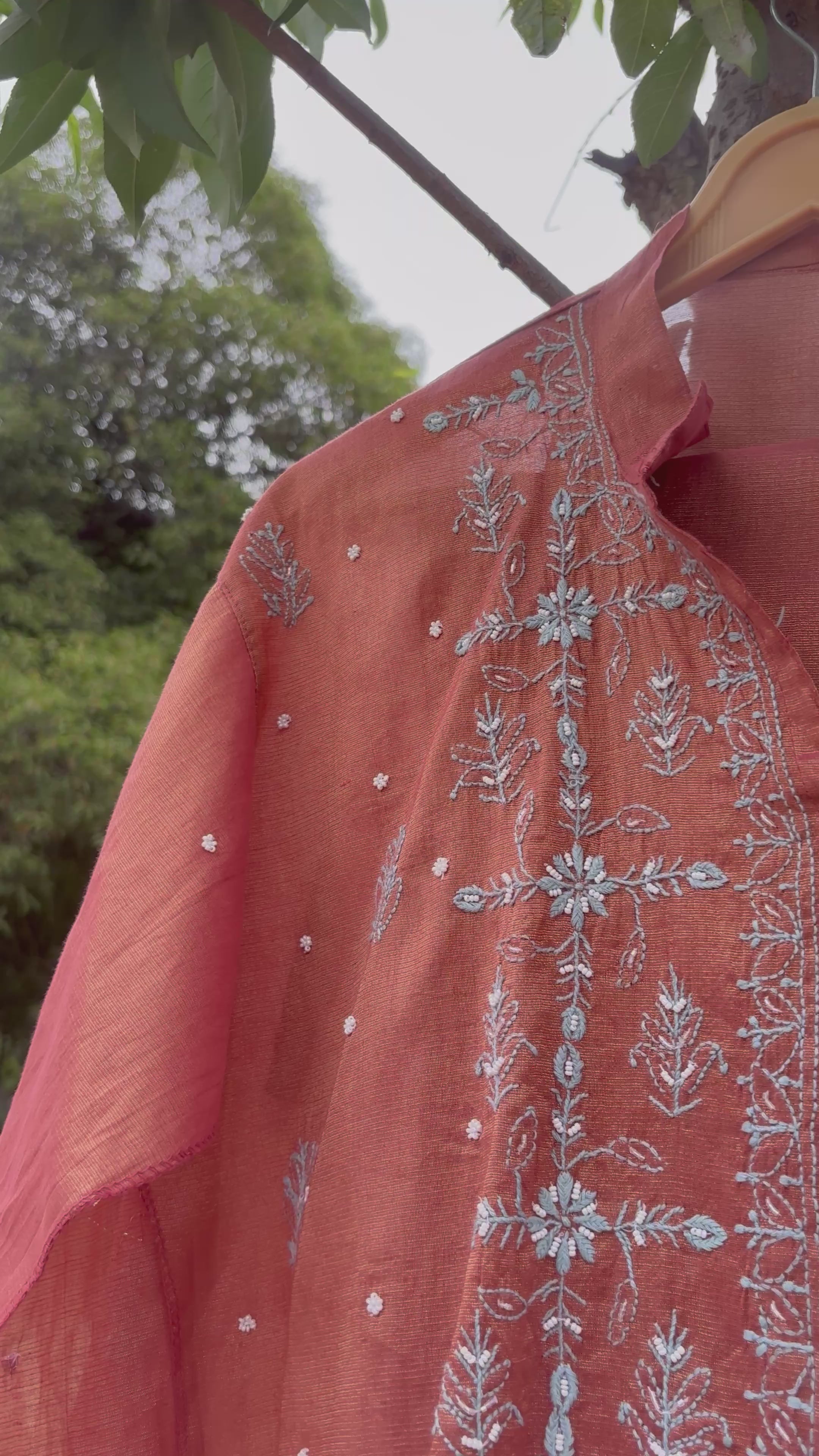 Rust Tissue Mul Chanderi Chikankari Co-ord Set | Semi-Stitched 2-Piece Set