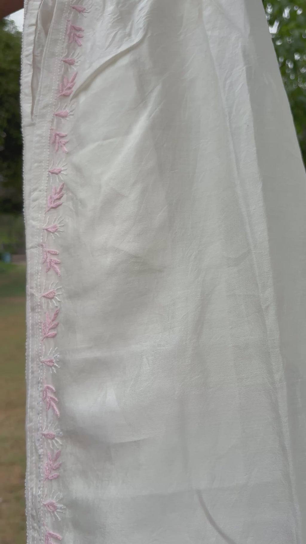 White & Light Pink Mul Chanderi Chikankari Co-ord Set | Semi-Stitched 2-Piece Set