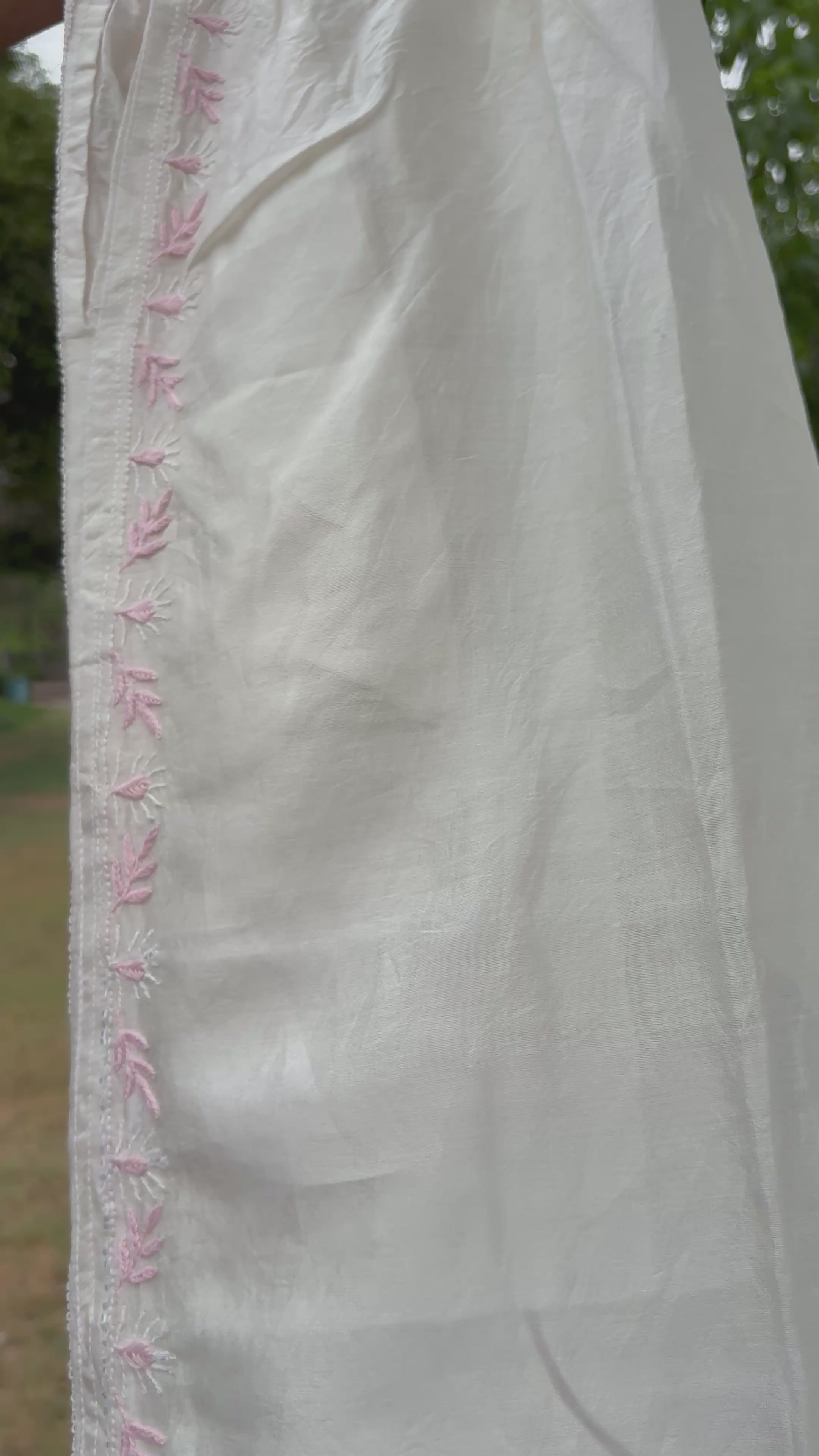 White & Light Pink Mul Chanderi Chikankari Co-ord Set | Semi-Stitched 2-Piece Set