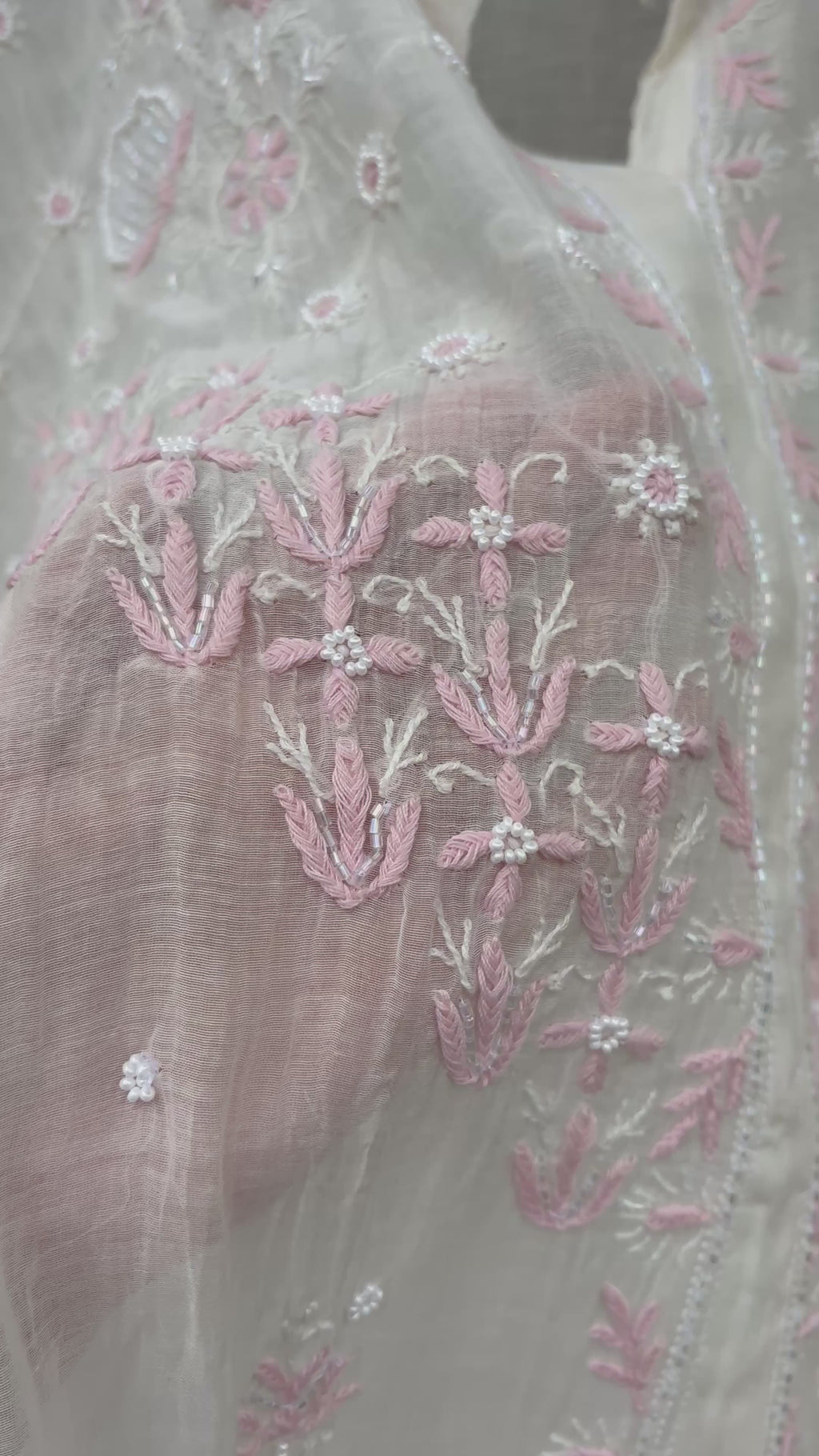 White & Light Pink Mul Chanderi Chikankari Co-ord Set | Semi-Stitched 2-Piece Set