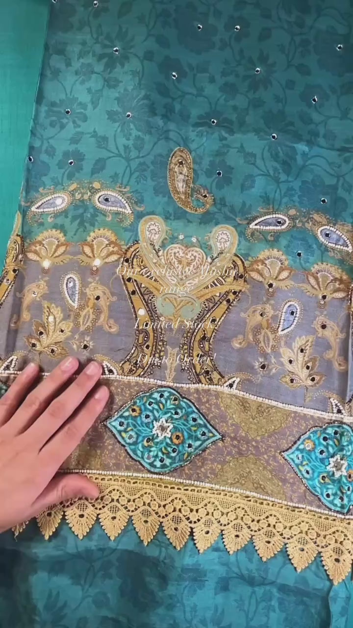 Teal Blue Digital Printed Unstitched Suit Set in Muslin with Hand Embroidery Highlights