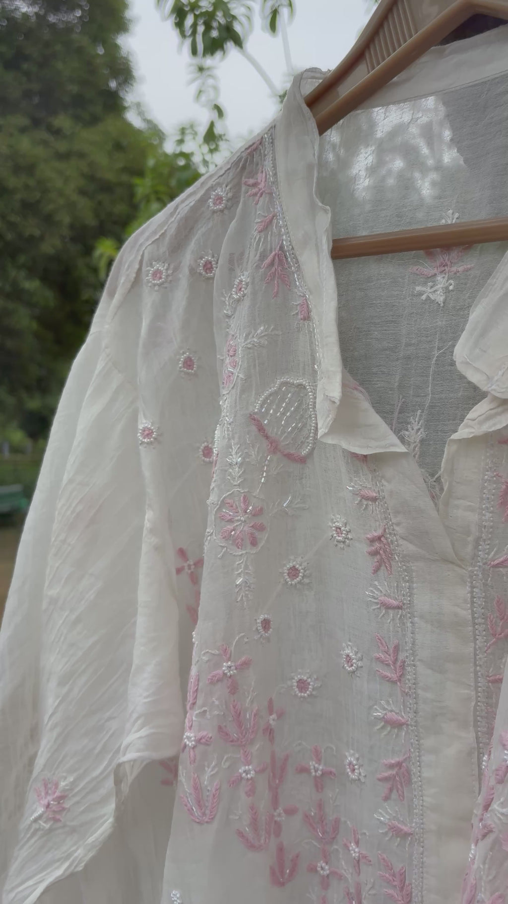 White & Light Pink Mul Chanderi Chikankari Co-ord Set | Semi-Stitched 2-Piece Set