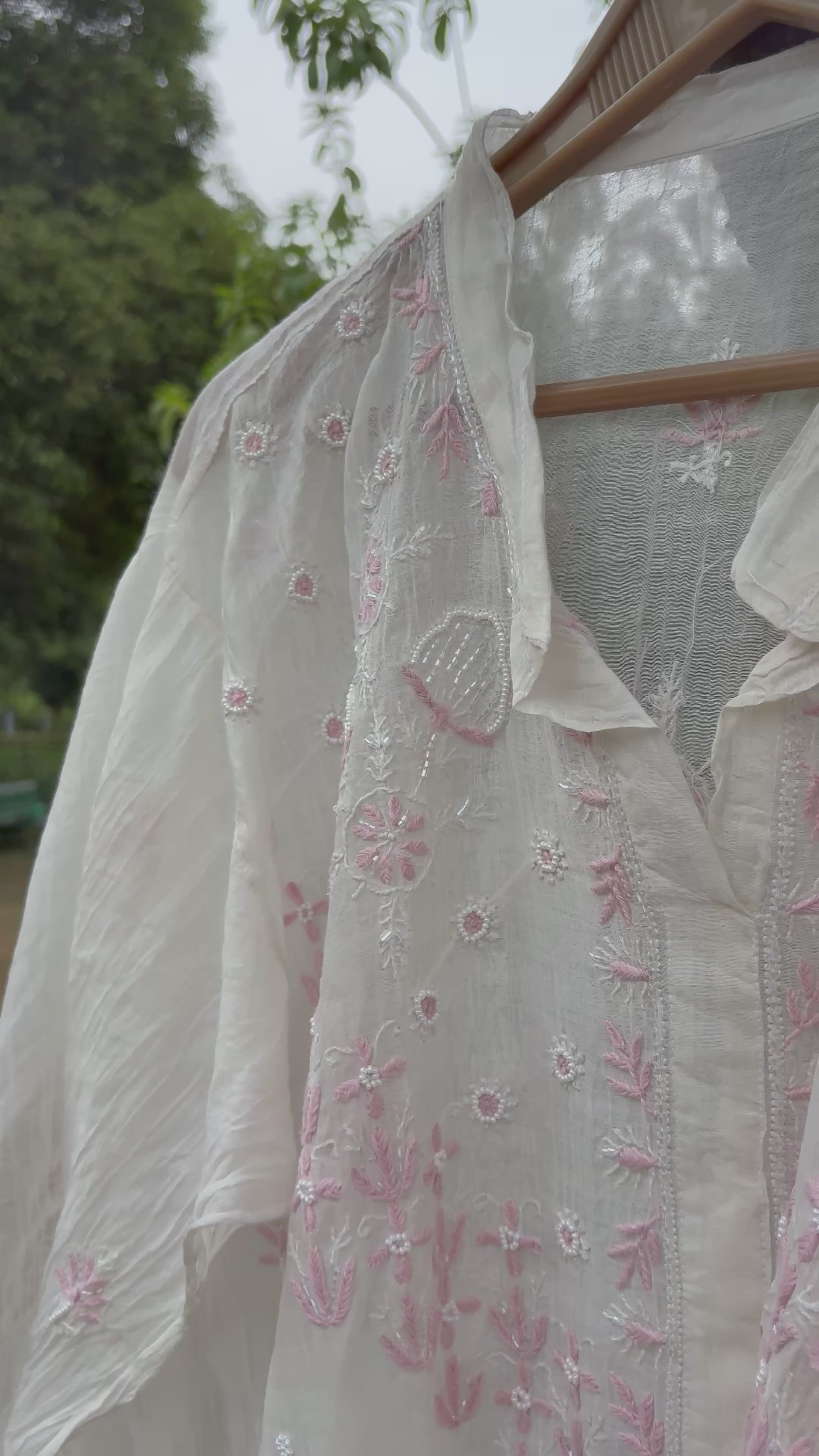White & Light Pink Mul Chanderi Chikankari Co-ord Set | Semi-Stitched 2-Piece Set